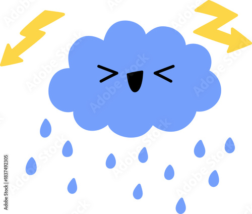 Cute smiling kawaii blue cloud with rain drops lightning icon. Vector childish illustration. Yellow storm concept picture isolated on white background. Spring or summer symbol clipart