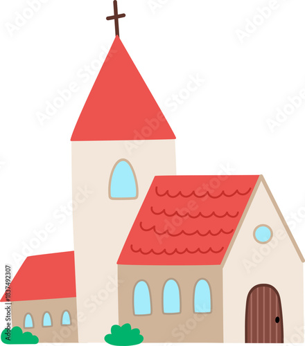 Vector church icon isolated on white background. Country temple illustration. Easter village red roofed chapel with cross. Rural Christian cathedral clipart