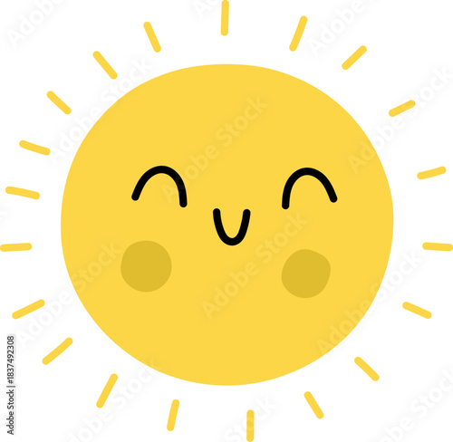 Cute smiling kawaii sun icon. Vector childish illustration. Yellow planet picture isolated on white background. Spring or summer symbol clipart