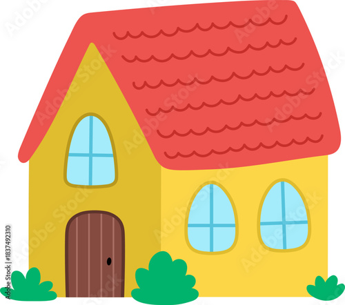 Vector yellow country house icon isolated on white background. Farm or Easter village wooden cottage illustration. Cute rural garden red roofed home