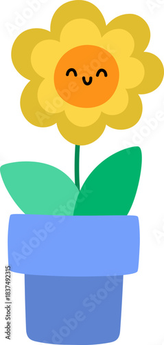 Vector sunflower in blue pot icon. Orange blooming sun flower illustration. Floral clipart. Cute summer, garden or Easter village bloom isolated on white background. Farm plant picture