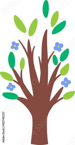 Vector green blossoming tree icon isolated on white background. Garden or forest plant with blue flowers and leaves. Flat spring, Easter village or farm illustration. Natural greenery picture