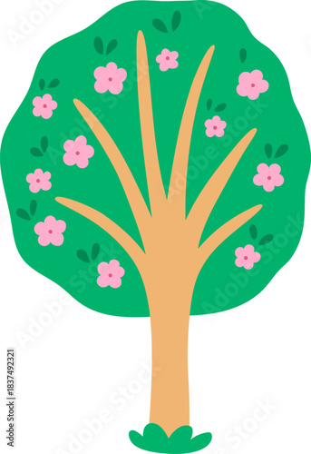 Vector green blossoming tree icon isolated on white background. Garden or forest plant with pink flowers and leaves. Flat spring, Easter village or farm illustration. Natural greenery picture
