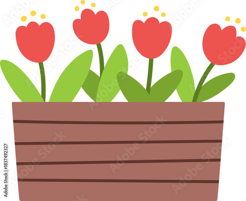 Vector flower bed with red tulips. First blooming plants illustration. Floral clipart. Cute flat spring flowers icon isolated on white background.