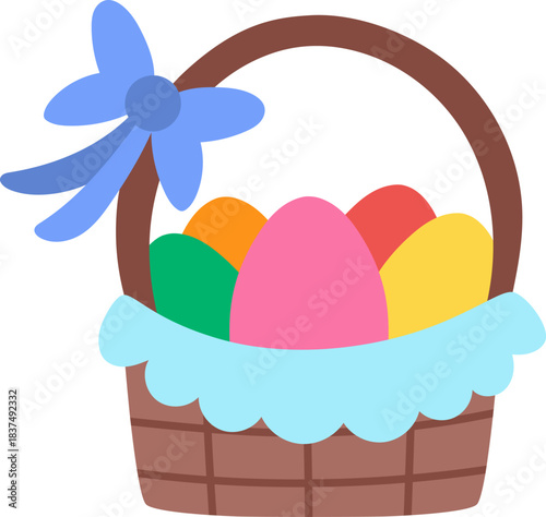 Vector basket with colored eggs and blue bow icon. Easter traditional symbol and design element isolated on white background. Cute spring illustration for kids