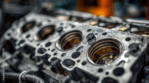 Close-up of a disassembled car engine cylinder head with valves and internal components.