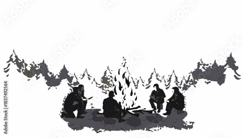 Black—and-white art underdrawing for oil painting of a group of friends around a campfire in the forest. Vector graphics. EPS.