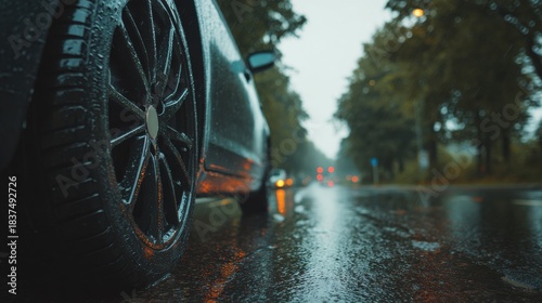 A High Resolution image of close up of a car tire on a wet road during a rainy day.