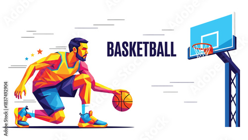 Dynamic low poly basketball player dribbling toward the hoop with vibrant energy