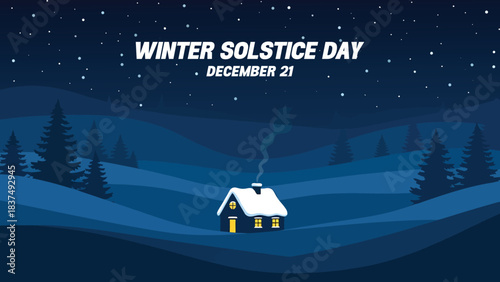 Cozy cabin glows warmly under a starry winter solstice night sky