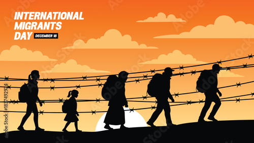 Silhouettes of migrant family struggling past barbed wire under warm sunset glow