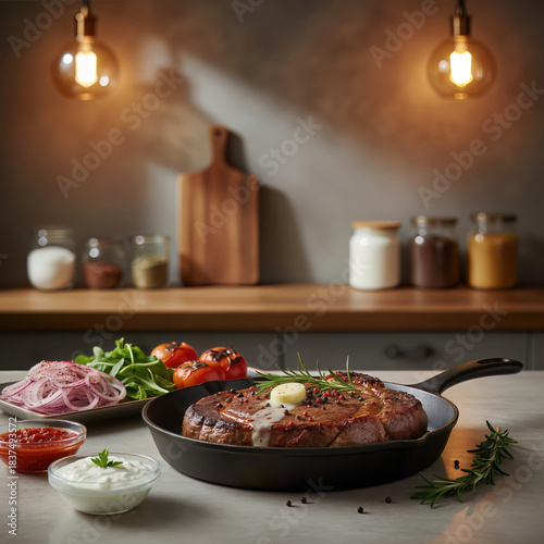 Rustic Turkish entrecote kebab on wooden table, warm natural light, roasted vegetables, fresh herbs, smoky texture, cozy authentic style, shallow depth of field, ultra realistic 
