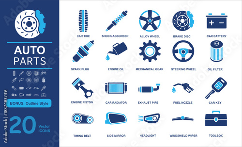 Collection of 20 auto parts vector icons with tires, engines, and accessories in filled and outline styles. Ideal for automotive, repair, and mechanical designs