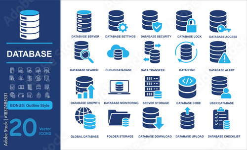 Set of 20 modern database vector icons including server, settings, security, and data tools in filled and outline styles. Perfect for tech, IT, and data management projects