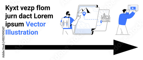 Individuals analyzing digital maps on devices, pointing at locations, and presenting content. Ideal for travel, technology, navigation, teamwork, education, presentations simple landing page