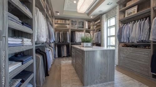 Luxurious walk-in closet with custom cabinetry, island, and organized clothing storage