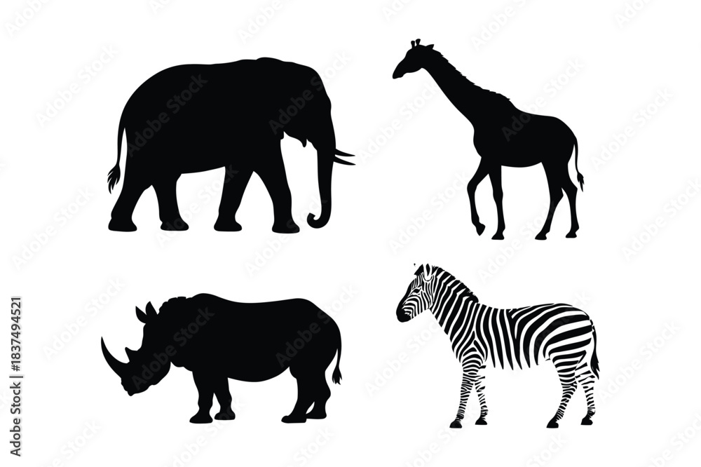 Naklejka premium Classic african safari animal silhouettes in clean vector style