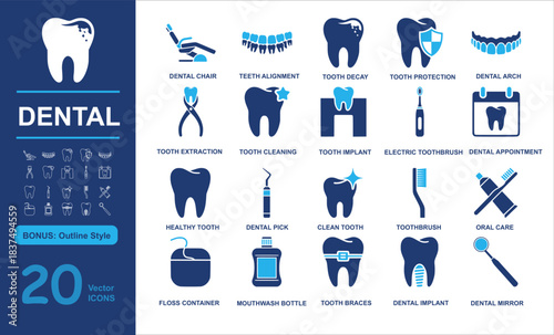 Set of 20 modern dental vector icons including chair, teeth alignment, decay, and tools in filled and outline styles. Perfect for healthcare, hygiene, and medical projects