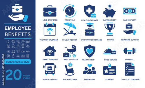 Set of 20 modern employee benefits vector icons including briefcase, health insurance, vacation, and perks in filled and outline styles. Perfect for HR, business, and corporate projects