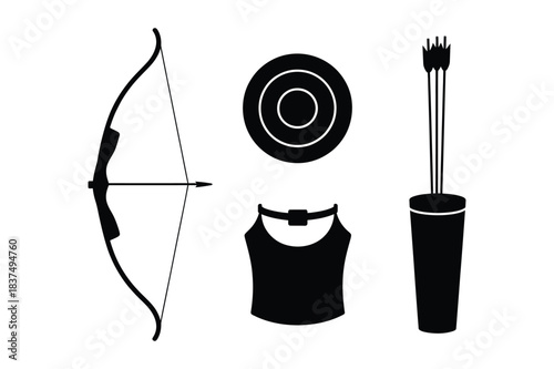 Archery equipment icon set with bow, arrow, target and quiver
