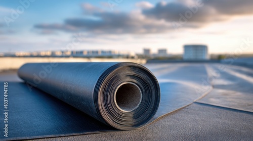 Roll of black waterproofing membrane material on a rooftop construction site
