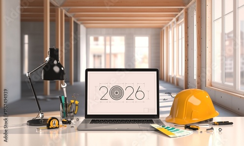 Creative 2026 New Year design template on engineering, construction, building and finishing theme. 3d render illustration.