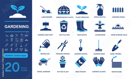 Set of 20 modern gardening vector icons including lawn mower, greenhouse, seedling, and tools in filled and outline styles. Perfect for outdoor, planting, and eco projects