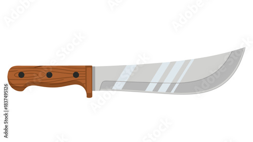 A Serrated Edge Machete Knife With A Wooden Handle and a Sharp Blade Against a Black Background, A Tool for Cutting Vegetation and Harvesting