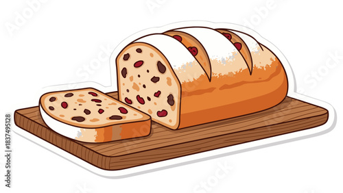 A Rustic Loaf of Fruit Bread with a Slice Cut and Dusted with Powdered Sugar on a Wooden Cutting Board