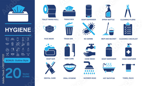 Set of 20 modern hygiene vector icons including toilet paper, tissue box, soap dispenser, and cleaning tools in filled and outline styles. Perfect for health, sanitation, and wellness projects