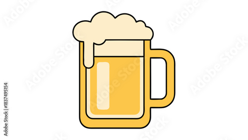 A Golden Beer Mug Filled With Frothy Lager And A Thick White Foam Head Isolated On A Black Background With Simple Line Art Style