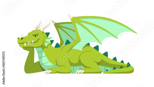 A Green Dragon With Light Green Wings Rests In A Relaxed Pose With A Sly Smile On Its Face Isolated On A Black Background