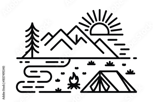 Minimalist line art of a mountain camping scene with tent and campfire
