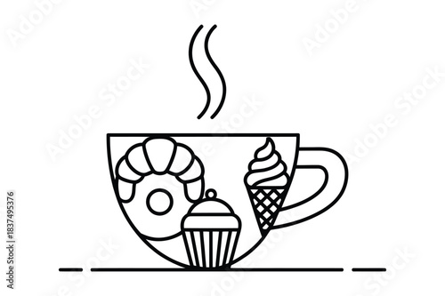 Breakfast and dessert items within a steaming coffee cup icon