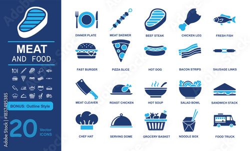 Set of 20 modern meat and food vector icons including dinner plate, meat skewer, beef steak, and culinary items in filled and outline styles. Perfect for restaurant, cooking, and nutrition projects