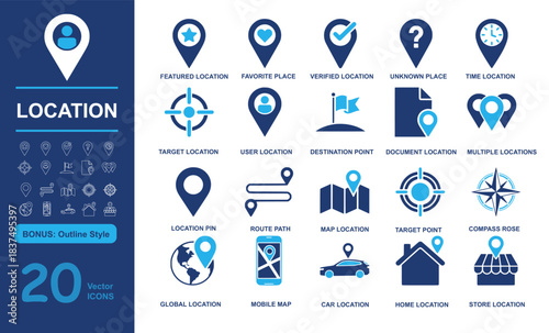Set of 20 modern location vector icons including featured pin, favorite place, map, and navigation elements in filled and outline styles. Perfect for travel, maps, and GPS projects
