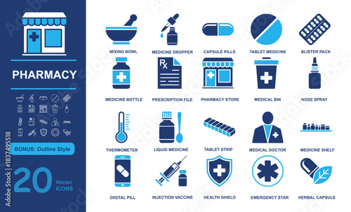 Set of 20 modern pharmacy vector icons including mixing bowl, medicine dropper, capsule pills, and medical tools in filled and outline styles. Perfect for healthcare, drugstore, and wellness projects