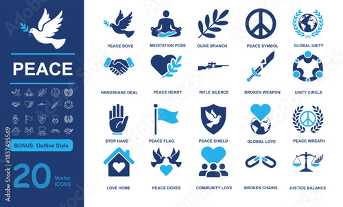 Set of 20 modern peace vector icons including dove, meditation pose, olive branch, and harmony symbols in filled and outline styles. Perfect for social, unity, and wellness projects
