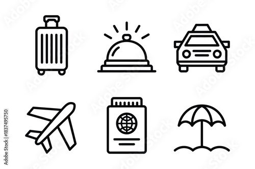 Modern flat line travel and tourism icons for global adventure