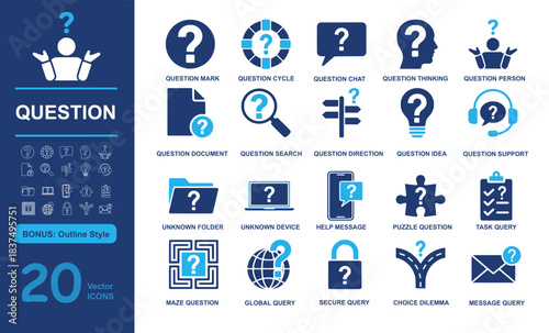 Set of 20 modern question vector icons including mark, cycle, chat, thinking, and query elements in filled and outline styles. Perfect for FAQ, support, and problem-solving projects