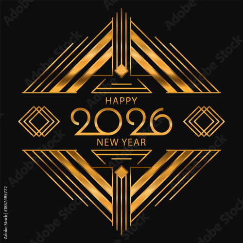 Geometric New Year 2026 Greeting Background. Luxury Art Deco Gold Frame