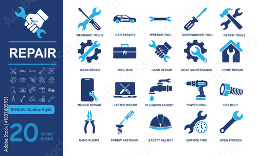 Set of 20 modern repair vector icons including mechanic tools, car service, wrench, and maintenance items in filled and outline styles. Perfect for service, fix, and DIY projects