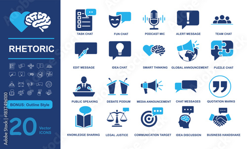 Set of 20 modern rhetoric vector icons including task chat, fun chat, podcast mic, and communication tools in filled and outline styles. Perfect for speaking, debate, and discussion projects