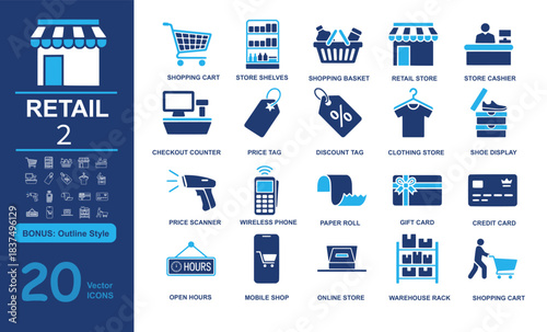 Set of 20 modern retail vector icons including shopping cart, store shelves, basket, and checkout tools in filled and outline styles. Perfect for commerce, shopping, and business projects