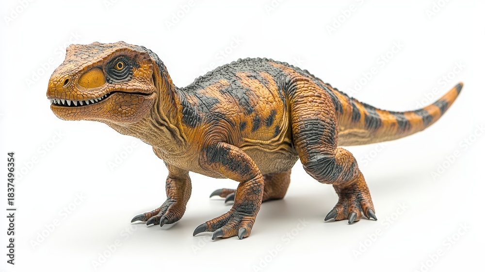 Obraz premium Detailed close-up of a dinosaur figurine with realistic textures and colors, highlighting its robust build and sharp features. Shot against a stark white background for maximum impact.