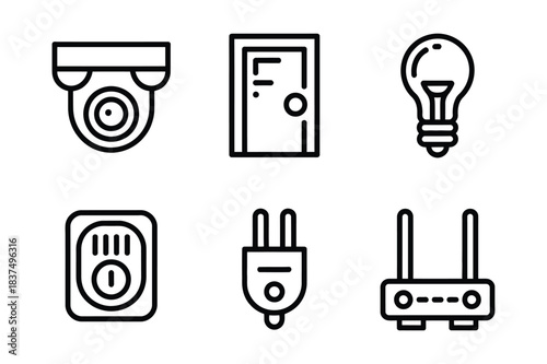 Home automation, security and connectivity outline icons set design