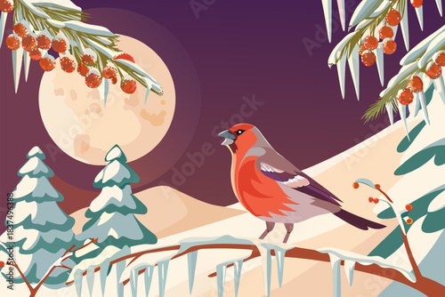 Gil na ośnieżonej gałęzi w zimowym krajobrazie przy pełni księżyca.