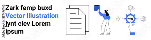 Document management, workflow automation, digital tools, logistics, business operations, data storage. A person interacts with documents and digital tools. Document management and workflow automation