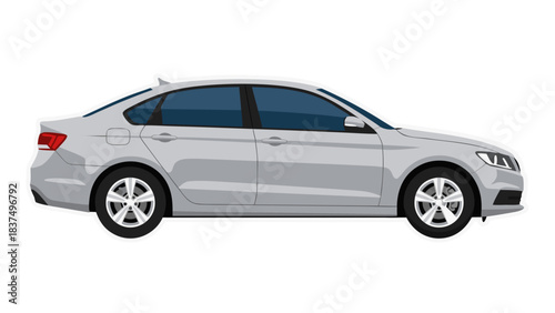 A Silver Sedan Car Profile View Isolated on a Black Background with Blue Tinted Windows and Detailed Wheel Rims