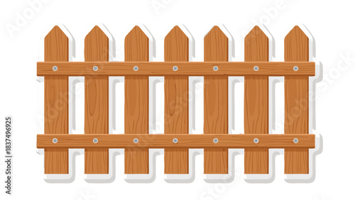 A Simple Wooden Picket Fence With A Natural Wood Grain Texture And Light Brown Color Accented With Silver Nails Against A White Background And Subtle Shadow Detail